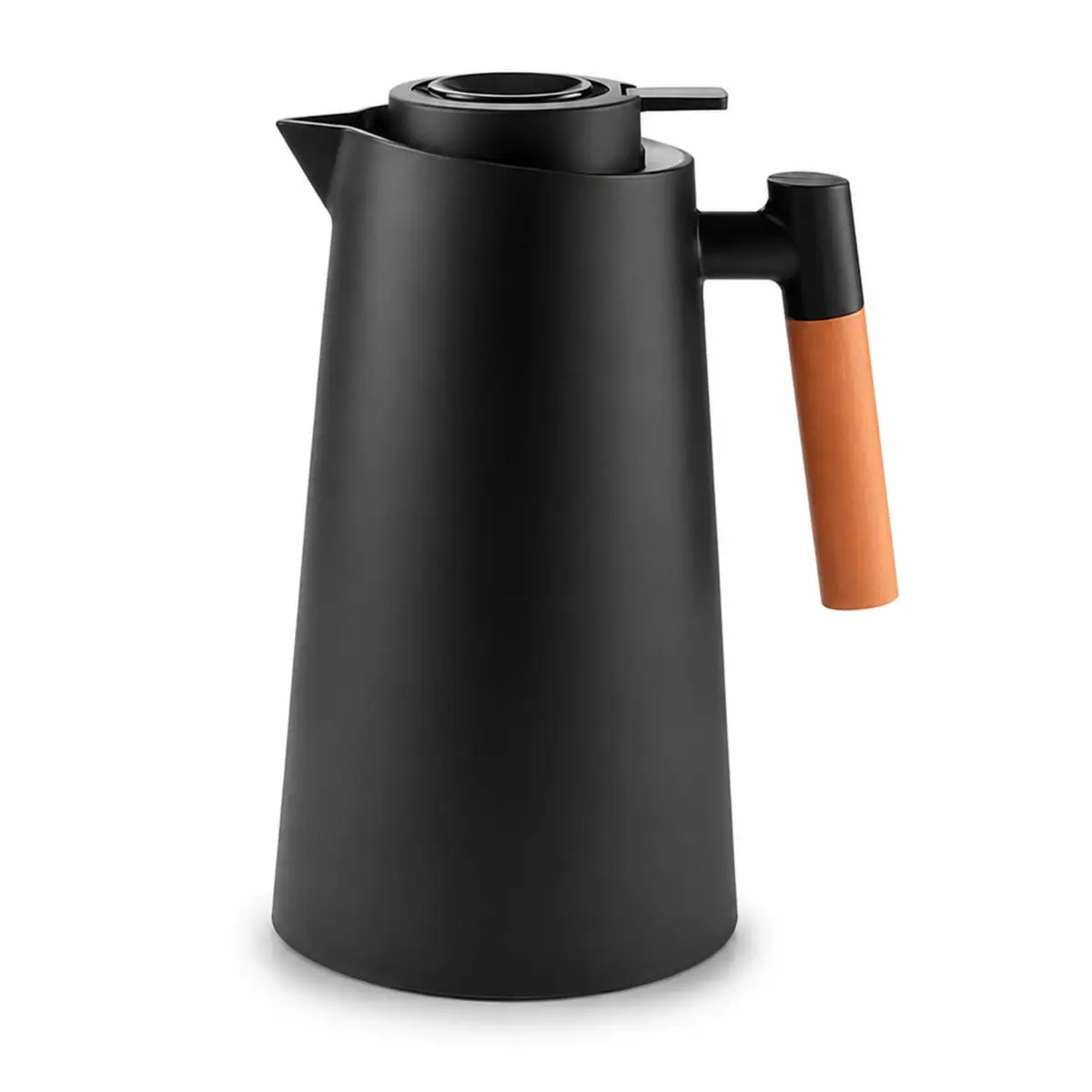 Garrafa Térmica 1 Litro, Aço Inoxidável, Cabo de Madeira, Preto | Parede Dupla, Conserva Temperatura 24h