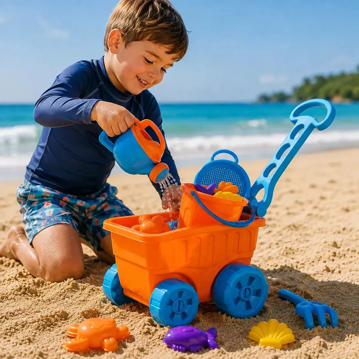 Carriola De Praia Infantil Laranja Com Acessórios Infantil Castelinho De Areia Forminhas Baldinho Regador - 1
