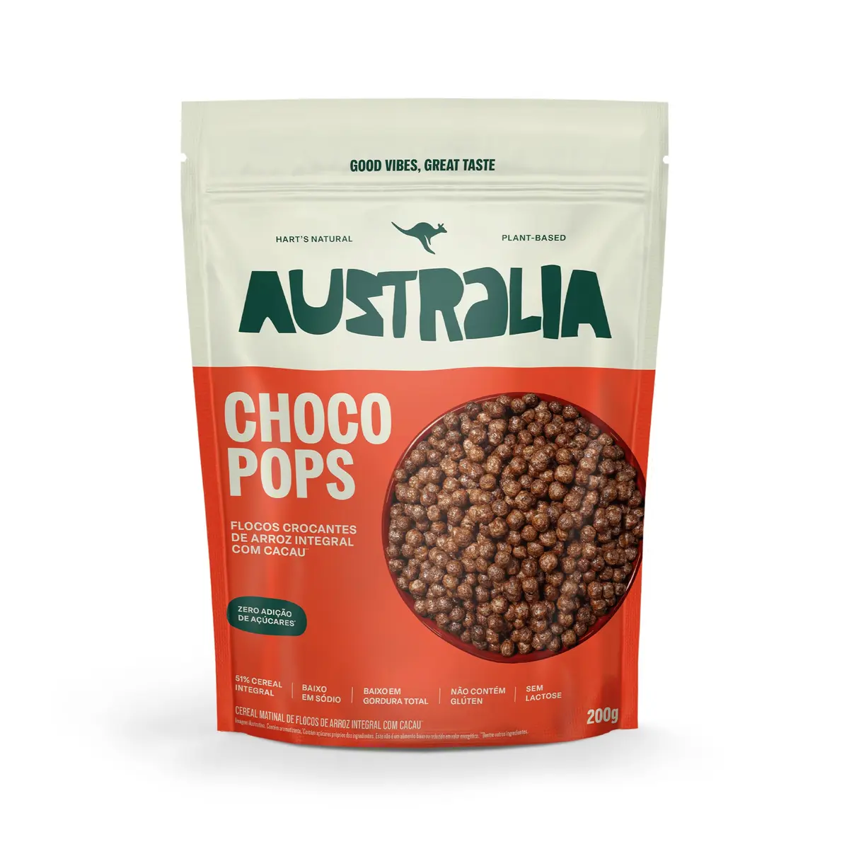 ChocoPops Australia Chocolate, Sem Açúcar, Sem Glúten, Vegano, 200g | Cereal matinal 100% natural e sem lactose, fonte de fibras. Delicioso com leite ou iogurte no café da manhã do dia a dia.