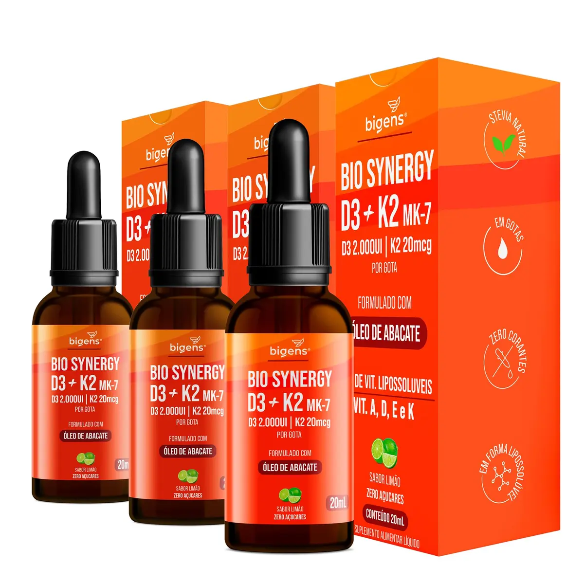 Bio Synergy, D3 2000ui + K2 Mk7 20mcg, vitamina A, D E e K, Sabor Limão, Kit 3x 20mL, Bigens