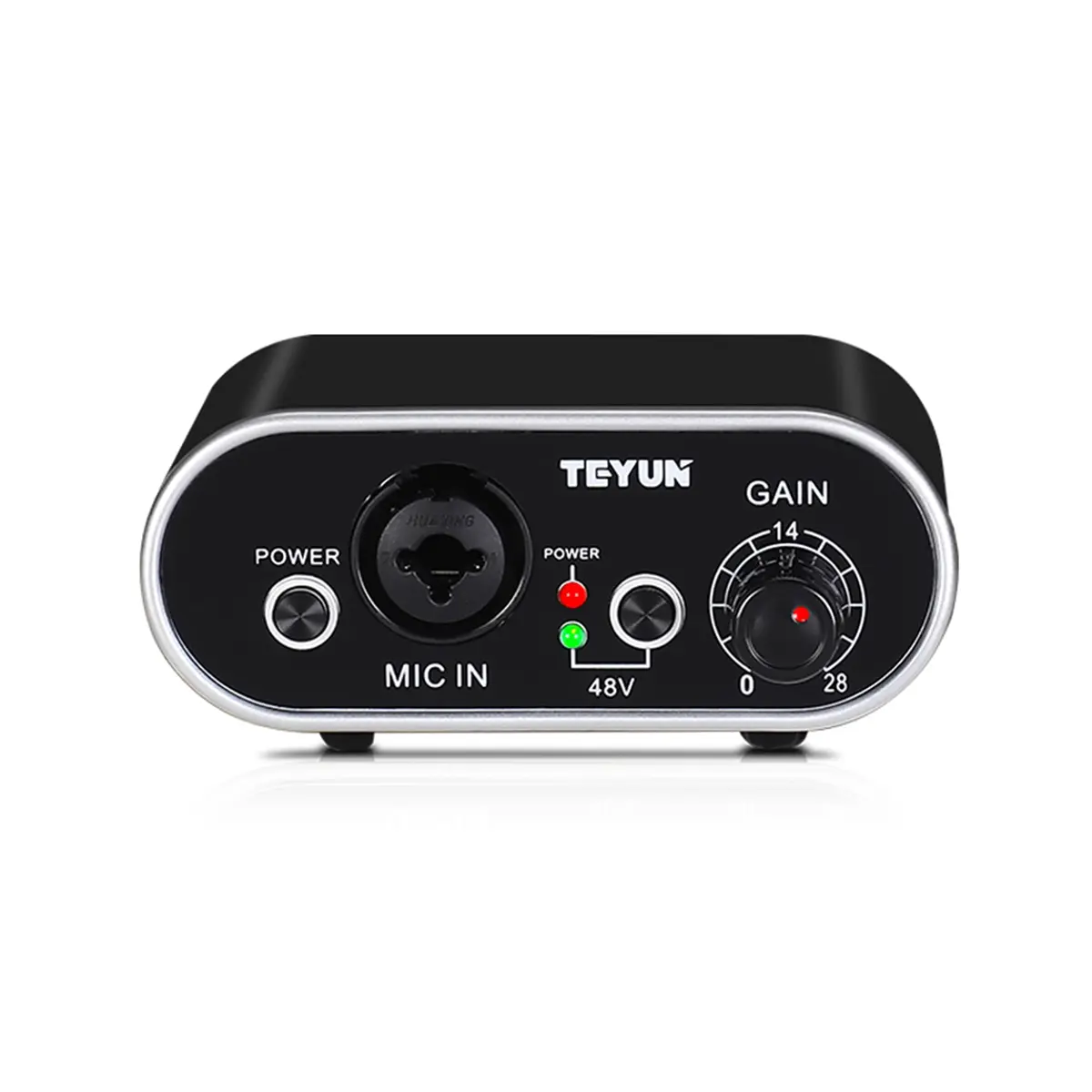 Pré-Amplificador de Microfone TEYUN Q-3, Ganho Ajustável até 28dB, Fonte Fantasma 48V Integrada, Compatível com Microfones Dinâmicos e Condensadores para Lives, Gravação, Karaokê