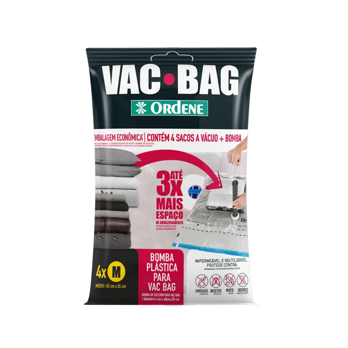 Ordene - Conjunto de Sacos à Vácuo para Armazenamento, Contém 4 Sacos Médios (45 cmx65 cm) + Bomba Plástica, Linha Vac Bag