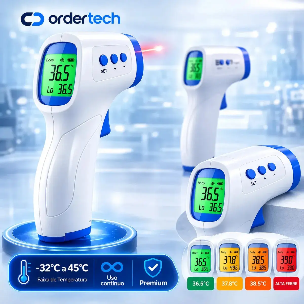 Termômetro Infravermelho Sem Contato Digital Medição Rápida Alta Precisão Display Lcd Memória Alarme Sensor Ordertech - 1