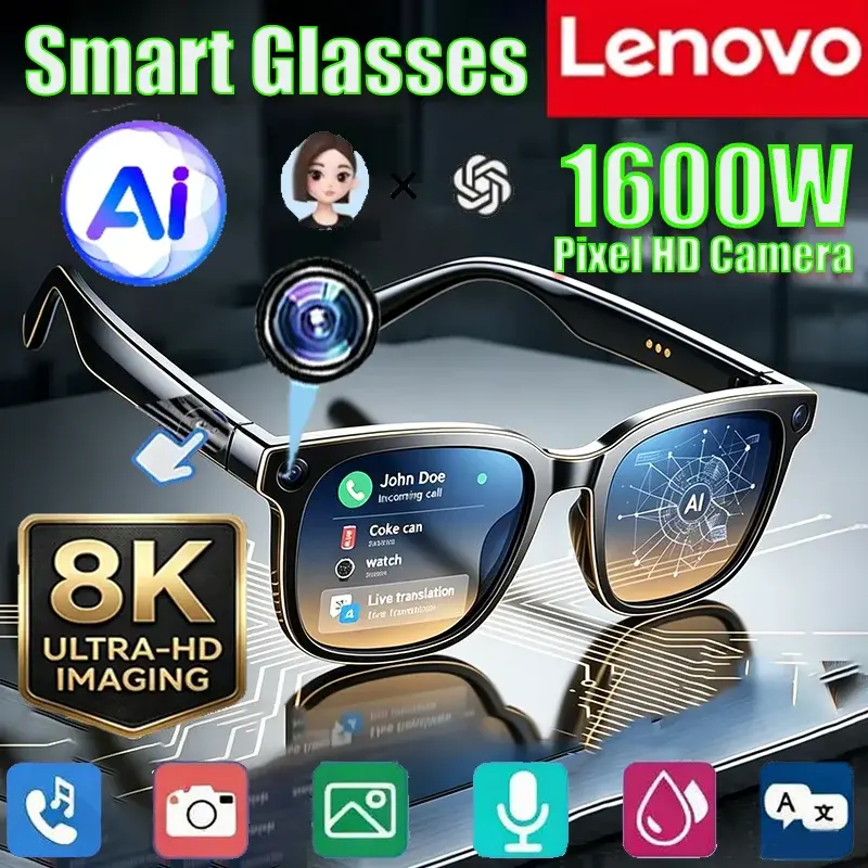Óculos Inteligentes Lenovo 8K AI com Tradução por IA, Chamada Bluetooth, Reprodutor de Música, Controle de Câmera e Proteção Anti-luz Azul 2026 NOVO