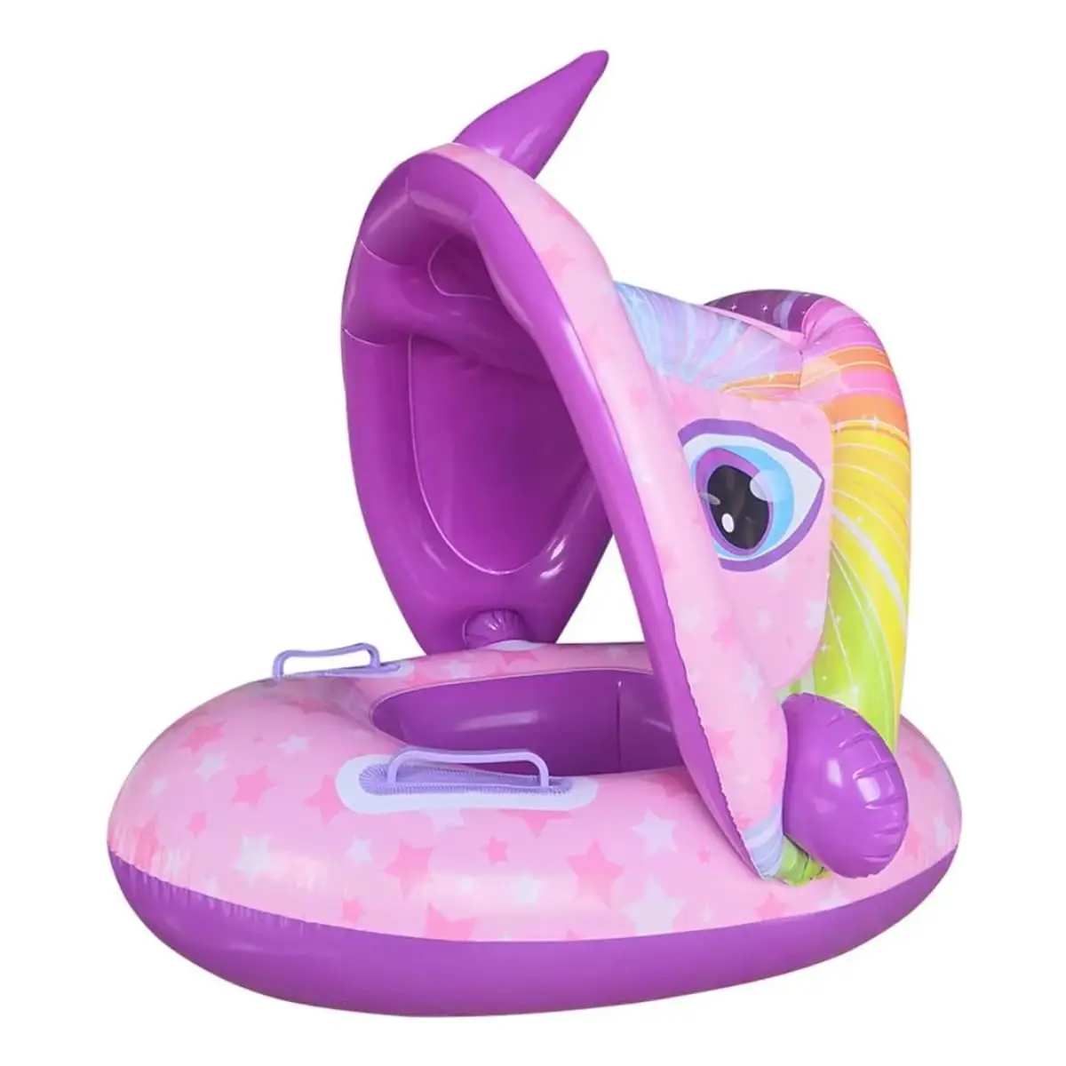Boia Inflável Infantil com Tenda UV Assento Seguro Bebês 1 a 3 Anos Piscina | Enche e esvazia rapidamente, cabe em mochilas ou bolsas sem ocupar espaço