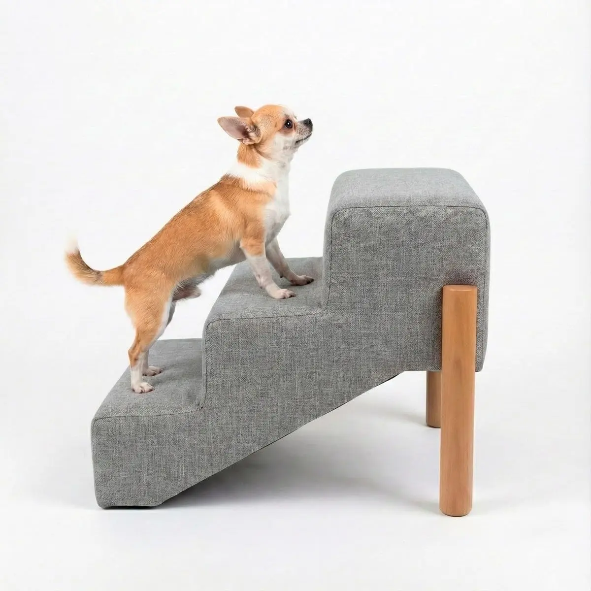 Escadinha Pet Rampa em Linho Cinza com Estrutura em Madeira Maciça para Sofá e Cama, 46x56 cm, Suporta até 40 kg- CINZA