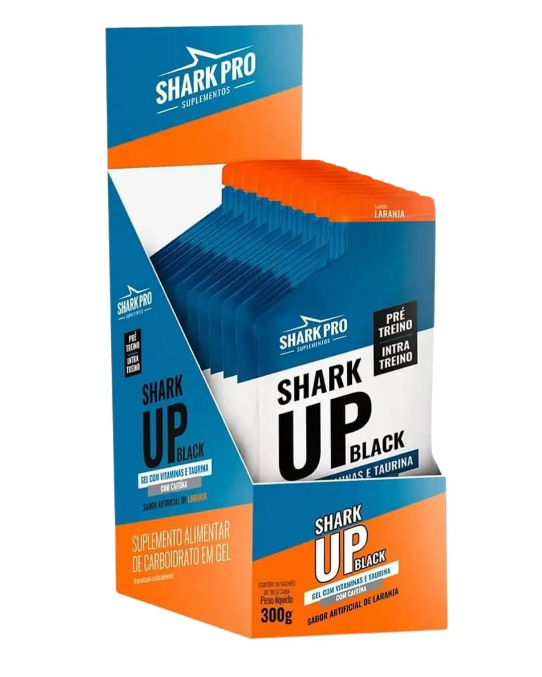 Shark Pro Shark-Up Display 10 Sachês de 30g Gel Energético com Cafeína 75mg Sabor Laranja Taurina 93mg Carboidratos Vitaminas Complexo B Pré-Treino Endurance Corrida Ciclismo Suplemento Alimentar