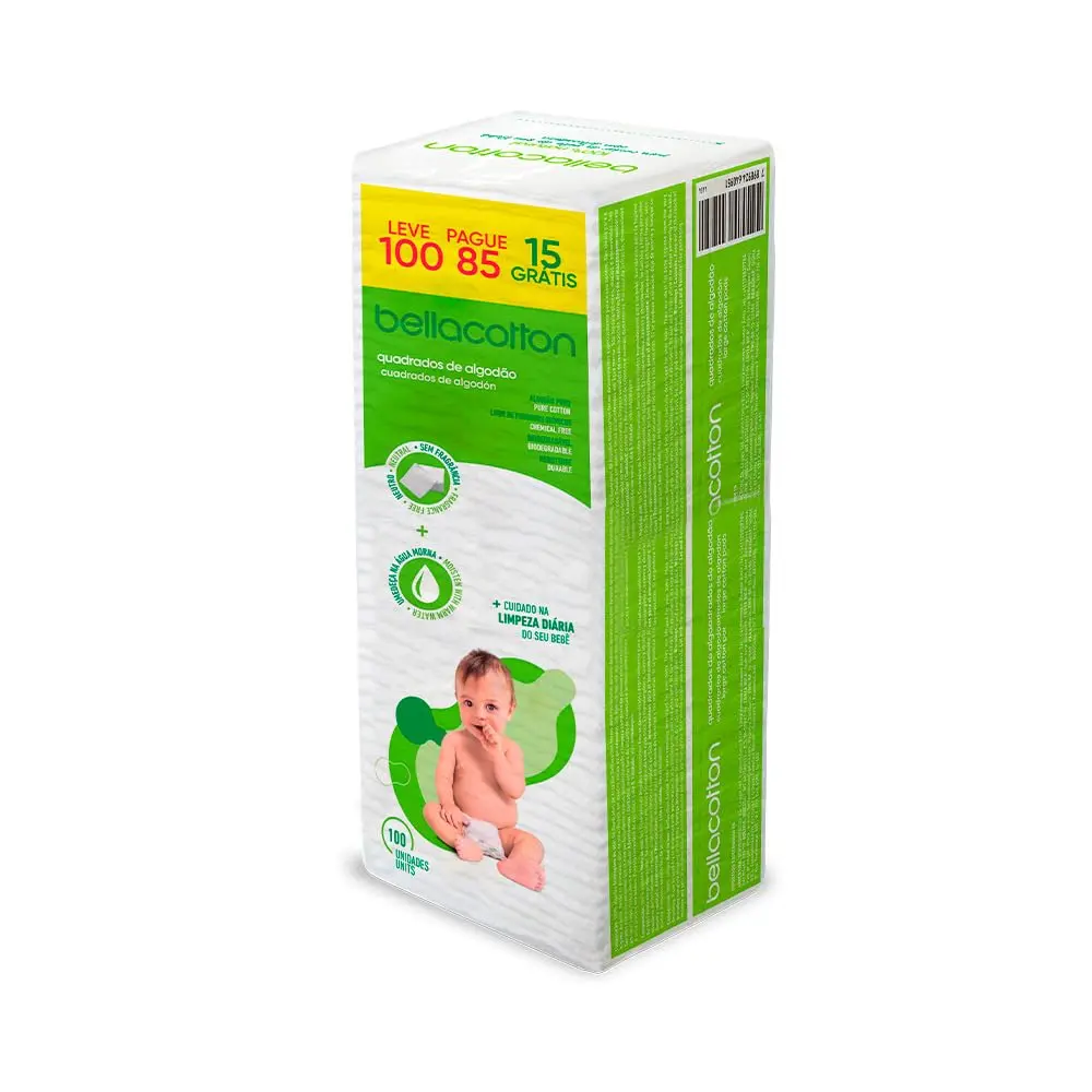 Bellacotton Algodão Quadrado Baby 100% Algodão Macio – 100 Unidades