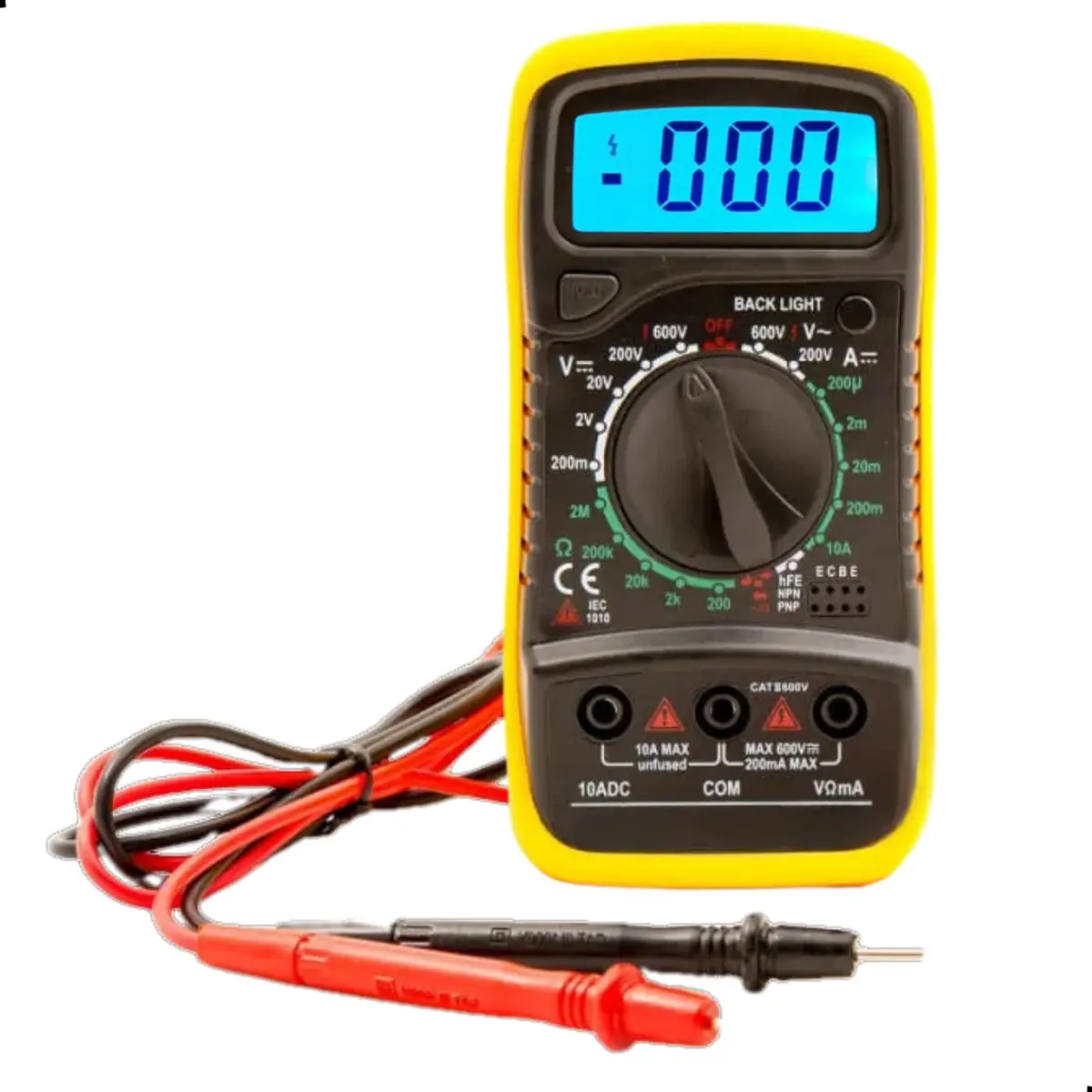 Multímetro Digital CAT II 1000V AC/DC Display Ilum HOLD hFE Bateria Inclusa