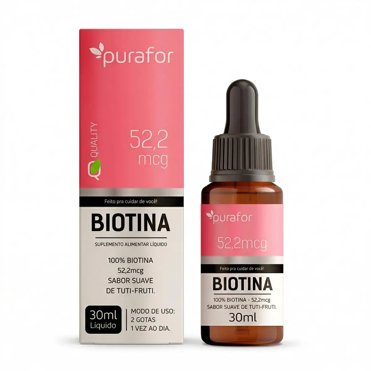Biotina Líquida Purafor, Vitamina B7, 52,2mcg, Sabor Tutti-Frutti, para Cabelo, Pele e Unhas, 30ml