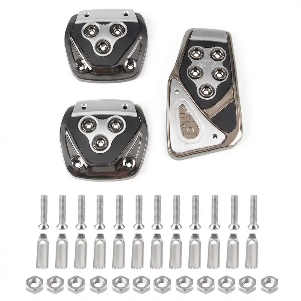 Pedaleiras universais em alumínio antiderrapante para carros manuais - kit 3 peças com fixação por parafusos - Capa de pedal esportiva em liga de alumínio para acelerador freio e embreagem (Prata) - 1