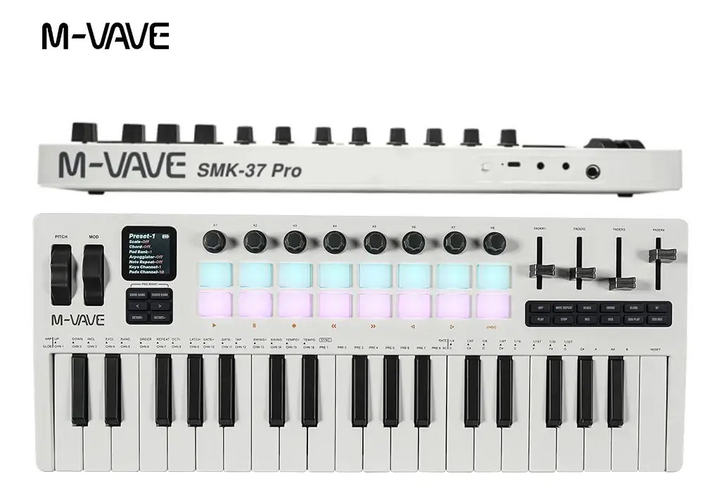 Teclado Controlador MIDI M-Vave SMK-37 Pro de 37 Teclas e 16 Pads Branco