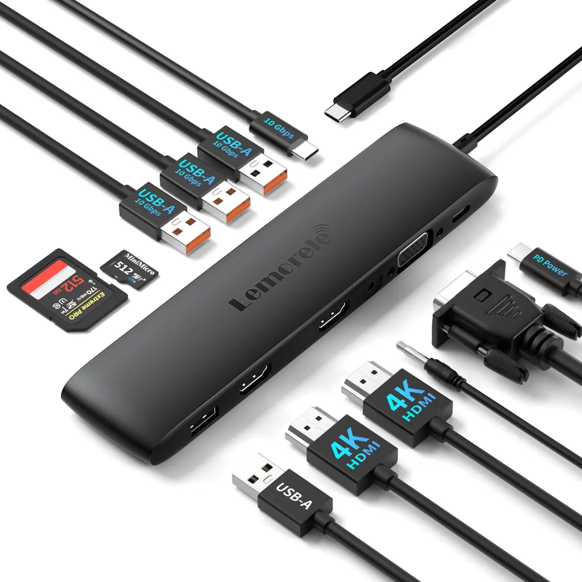 Lemorele Adaptador Hub 12 em 1 USB-C com Duplo HDMI 4K + VGA, 4 Portas USB 3.0, PD, USB-C, Leitor SD/TF e Áudio 3.5mm - Plug & Play para HP, Surface e MacBook