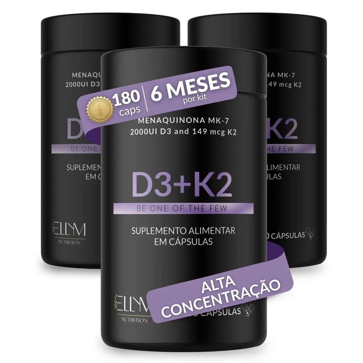 Vitamina D3 K2 MK7 Colecalciferol 2000UI 149mcg 180 Caps ELLYM NUTRITION | Menaquinona 7 180 Caps 6 meses absorção cálcio fósforo manutenção ossos funcionamento muscular sistema imune coagulação
