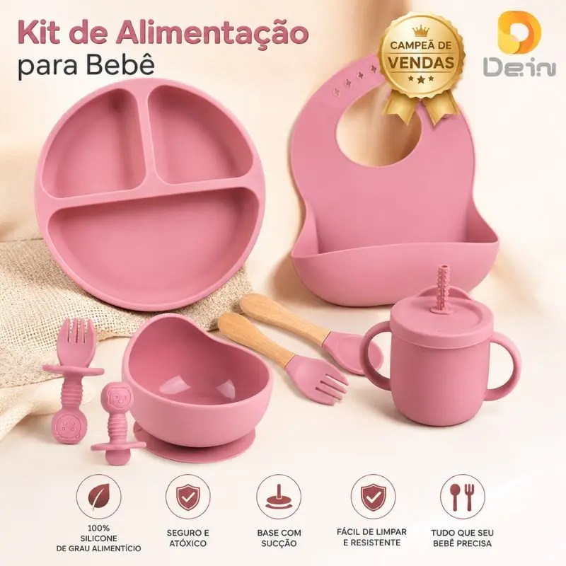 Kit de Alimentação para Bebê de Silicone 8 e 6 Peças Infantil Ventosa Canudo Colher Babador Garfo