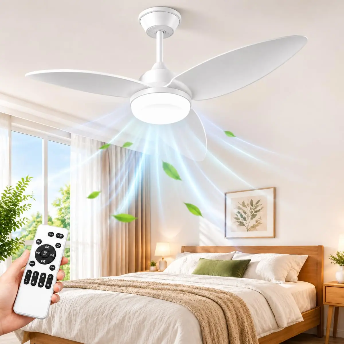 ANTUVI Ventilador de Teto com Luz LED e Controle Remoto, 6 Velocidades, 3 Tons de Iluminação, Motor Silencioso Reversível, Timer e Função de Memória, para Quarto e Sala, Branco