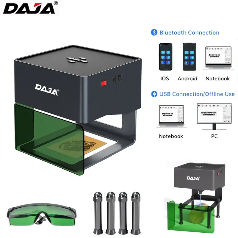 DAJA DJ6 Máquina de gravação a laser 3W CNC Máquina de gravação e corte a laser Impressão rápida Mini marca de logotipo para madeira pintada metal vidro