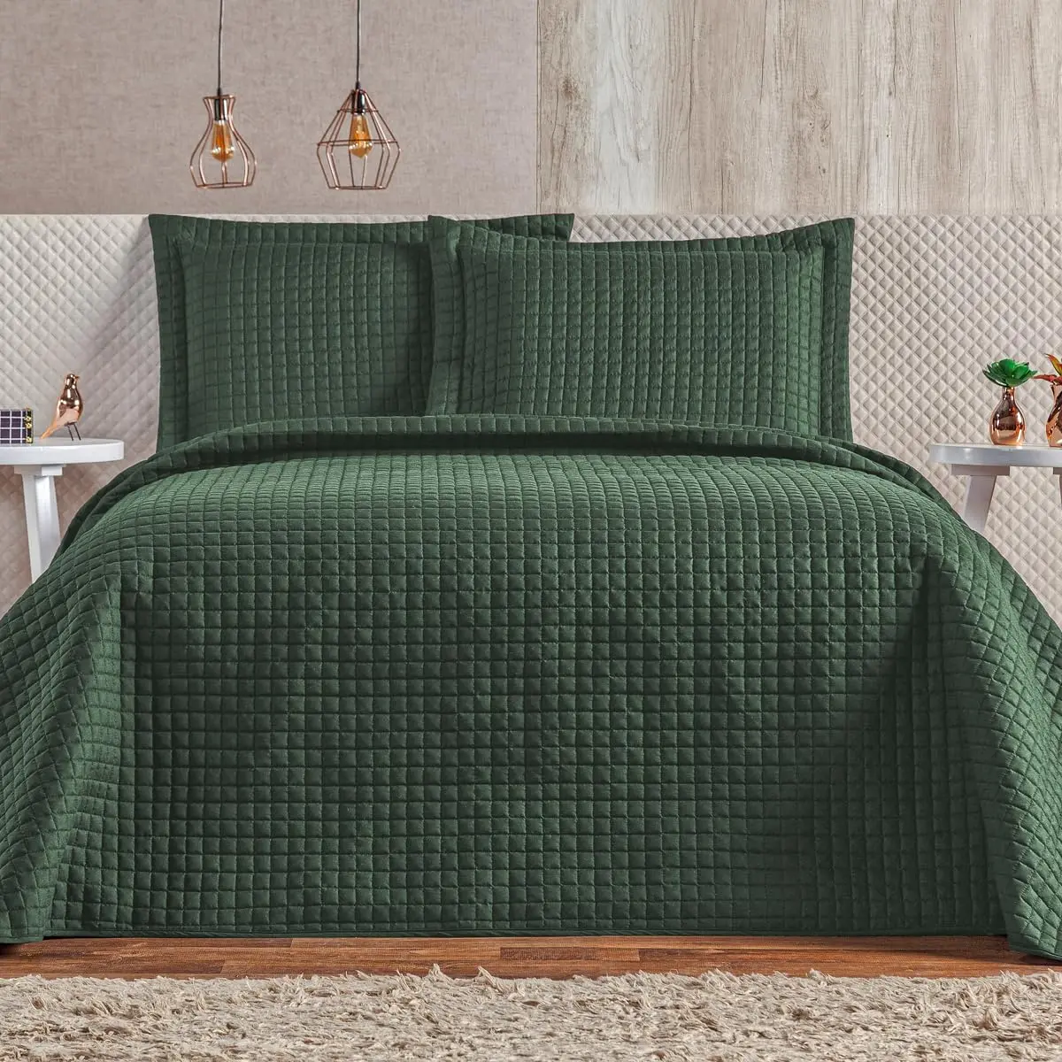 Cobre Leito Colcha Casal Queen 03 Peças 200 Fios Matelado Elegante Plata (Verde Militar)