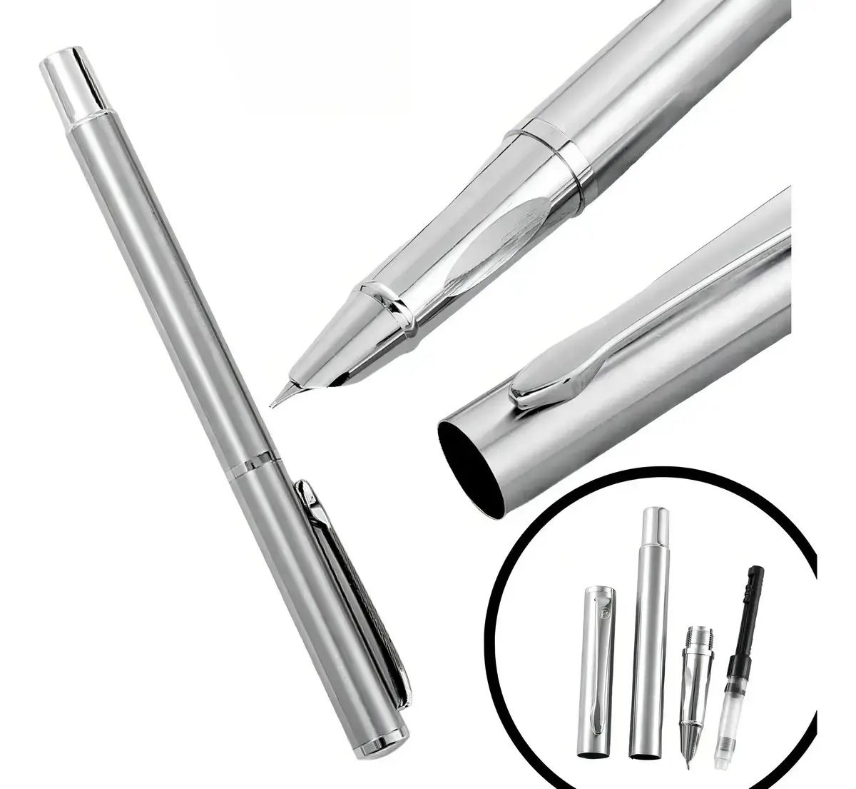 Caneta Prata Pena Tinteiro Presente Luxo Extra Fina 0,38mm - 1