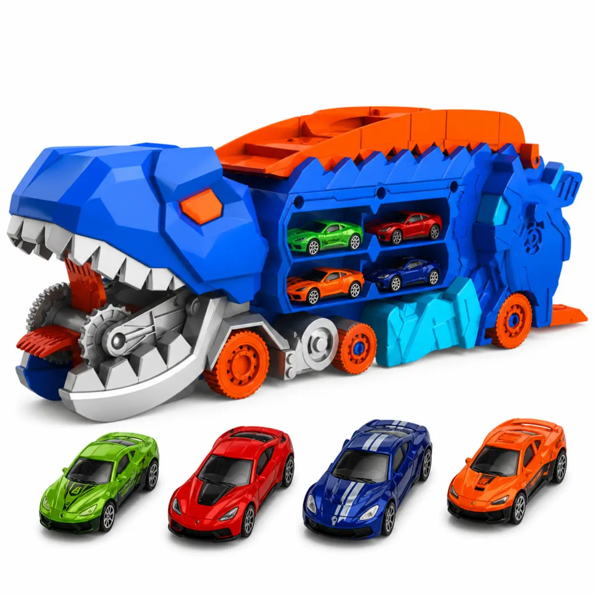 BE PLACE KIDS Carrinho Dinossauro T-Rex com Pista de Corrida Dupla + 4 Carrinhos Inclusos | Caminhão Transformável Porta-Carros Infantil | Brinquedo Educativo Interativo - 1