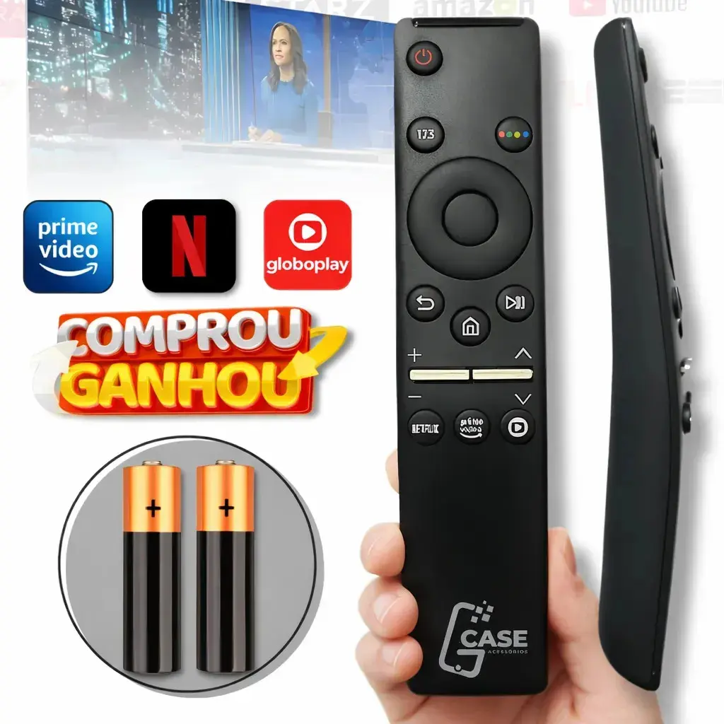Controle Remoto Para Smart TV Samsung 4k Com Pilhas E Teclas Netflix Prime Video GloboPlay Preto thumbnail 2