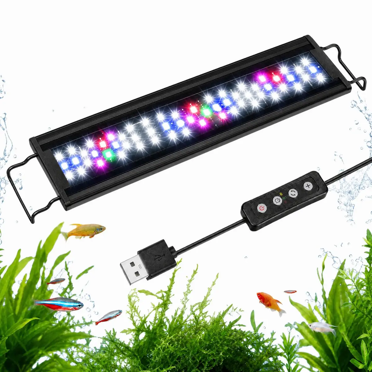 Luminaria para Aquario 53 LEDs Brancos, Azuis, Rosa, Verde e Vermelhos 6W 10000K Controlador Externo Adaptador USB Suportes Extensíveis Carcaça de Plástico Luminária para Aquário de Água Doce - 1