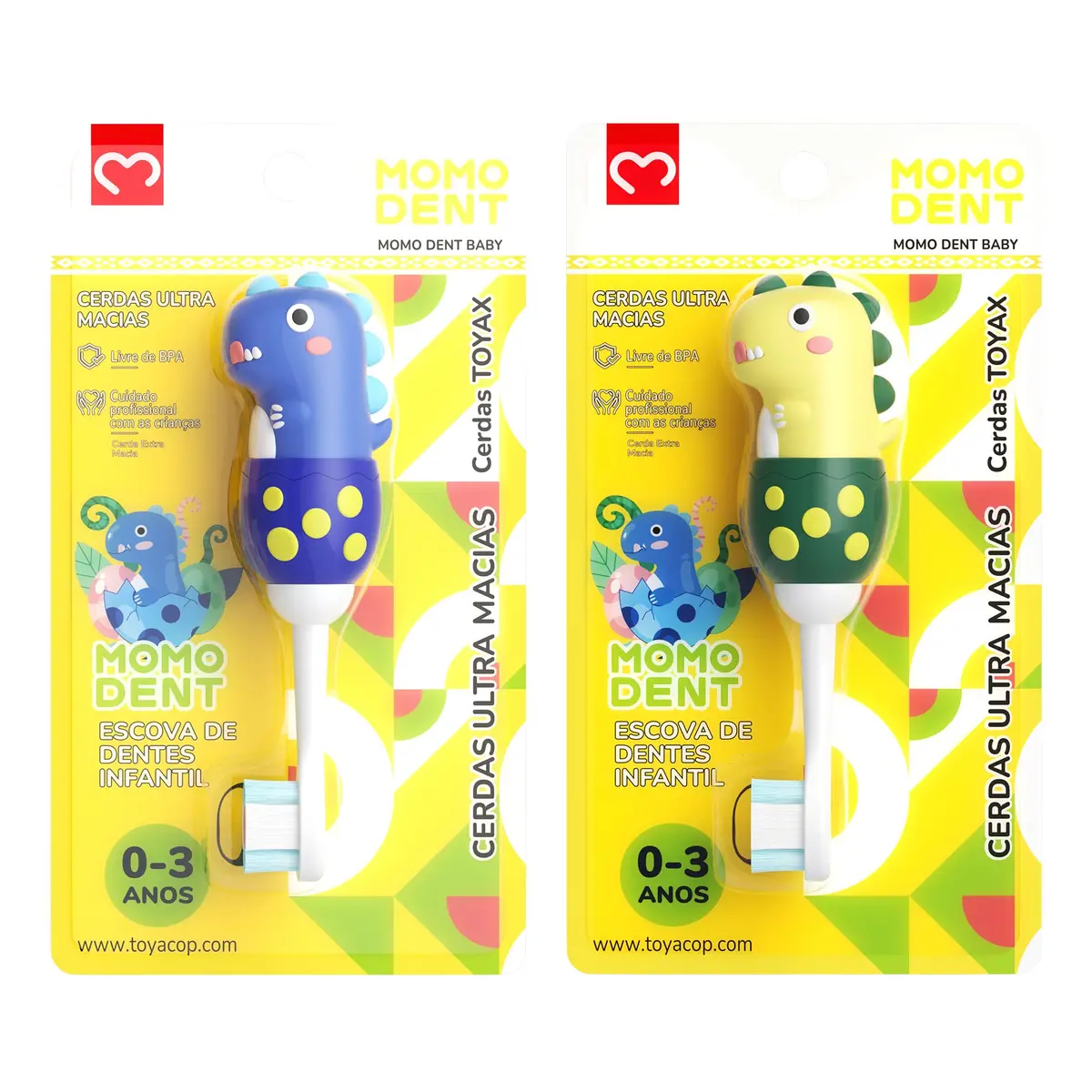 MOMODENT Escova de Dentes Infantil para 0-3 Anos Bebe, Dinossauro, Cabo de Silicone Macio, Cabeça Macia, Limpeza Suave (Azul+Amarelo(2 unidades)) - 1
