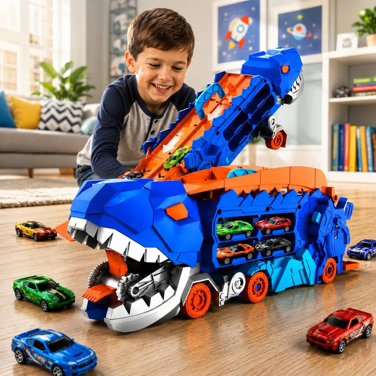 Caminhão Dinossauro Porta-Carros Infantil com 6 Carrinhos e Pista Lançadora de Corrida – Brinquedo com Boca que Engole Carros