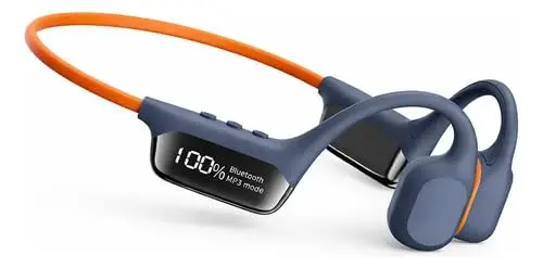 Fones de ouvido para natação, IPX8, subaquáticos, com visor LED, condução óssea, reprodutor de MP3 integrado com 32 GB de memória, ideais para corrida e ciclismo (Azul-laranja)