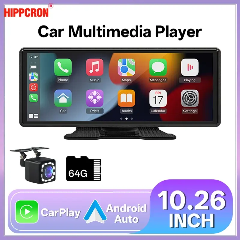 Hippcron 10.26 ''tela de rádio do carro reprodutor de vídeo multimídia sem fio carplay android auto mirrorlink bt aux tf usb universal - 1