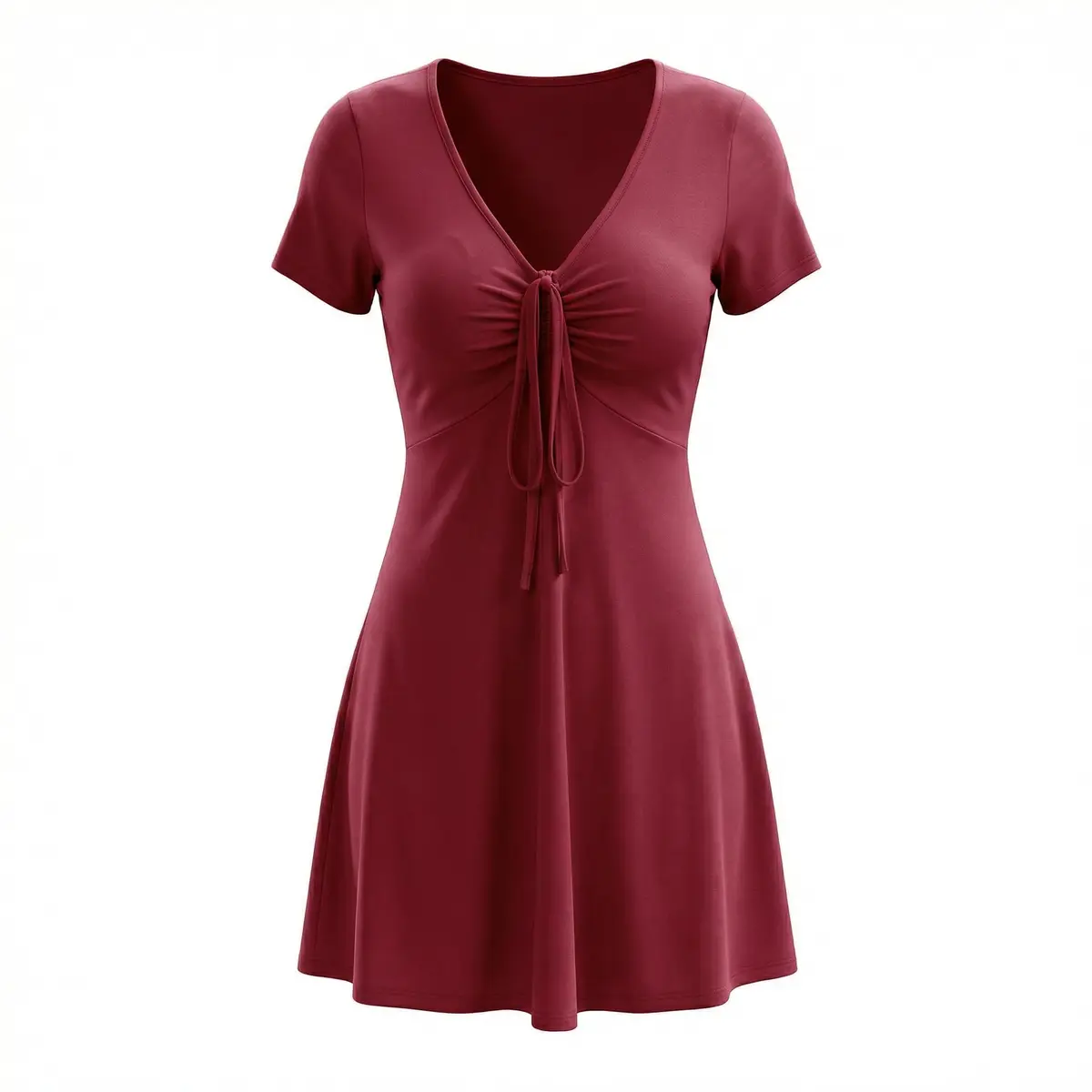 Vestido Curto Cor bordô 95% Poly + 5% Elástica | Modelo Decote V com Amarração Frontal e Babados | Corte A-Line Versátil