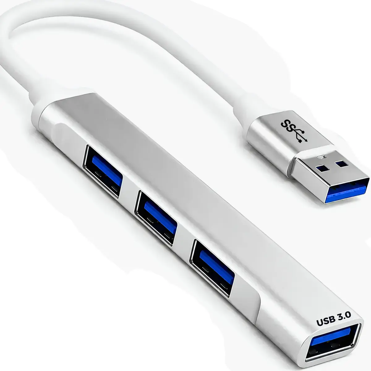 Hub USB 3.0 Extensor Adaptador 4 em 1 até 5 Gbps - Estrutura em Alumínio | 1x USB 3.0 e 3x USB 2.0 - Para Notebook, Computador, Dock Station, Dex, Raspberry - Plug and Play, Cabo Branco