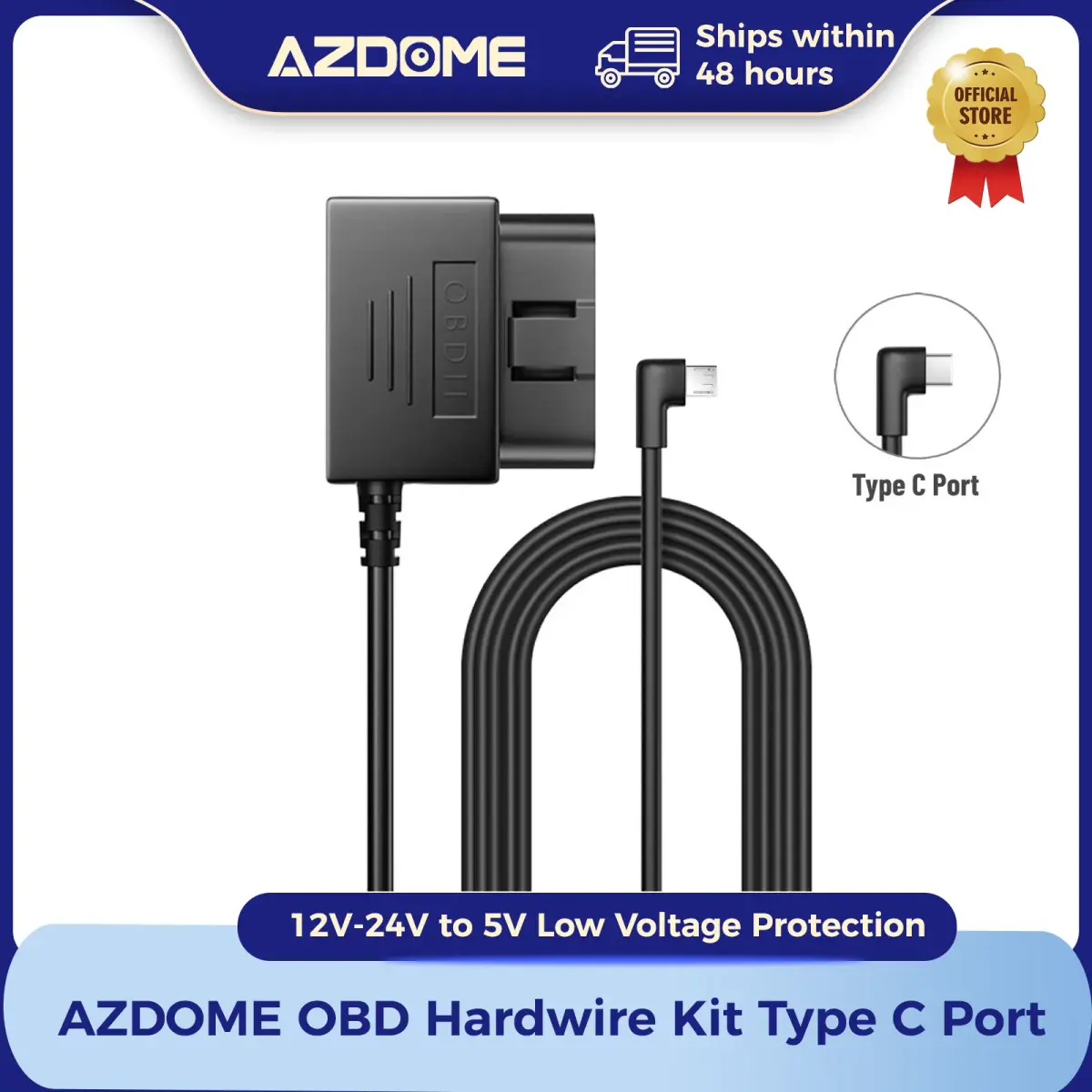 Azdome kit de fio rígido obd para dash cam com porta tipo c suporte modo de estacionamento 12v-24v a 5v cabo de alimentação proteção de baixa tensão - 1