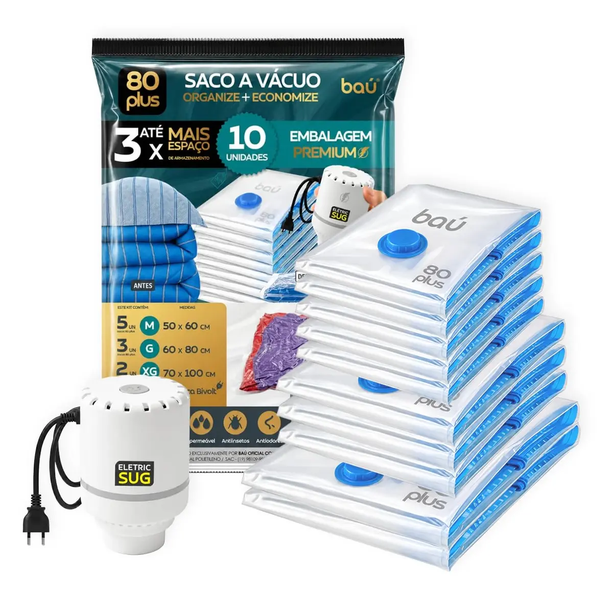 Kit Saco a Vácuo 80 Plus Baú PREMIUM – 10 Unidades (M/G/XG) | + Bomba Eletric Sug Organize e Ganhe Espaço NOVO