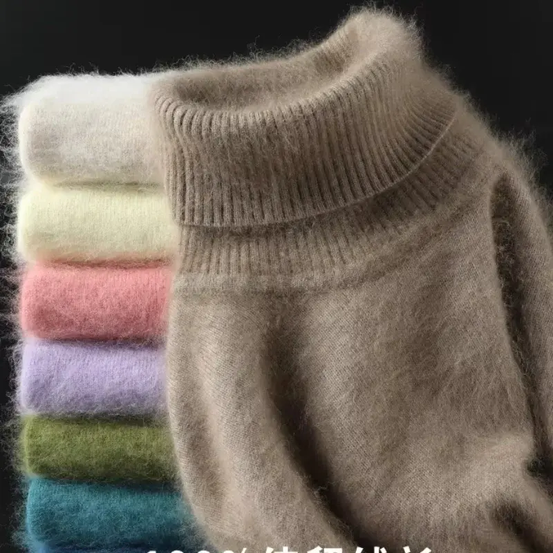 Outono inverno 100% vison cashmere camisola feminina malhas pulôver grosso quente cor sólida plus size base alta lapela roupas topos