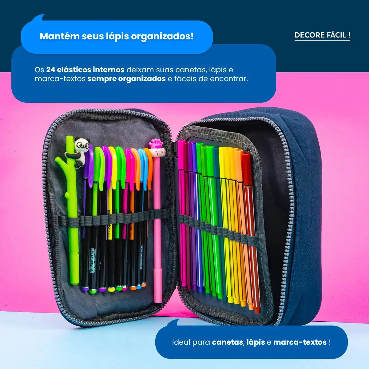 Estojo Box Organizador Escolar Com Divisórias Multifuncional 24 Elásticos Lápis Caneta 100 Pens Masculino Feminino Decore Fácil ! Verde thumbnail 4