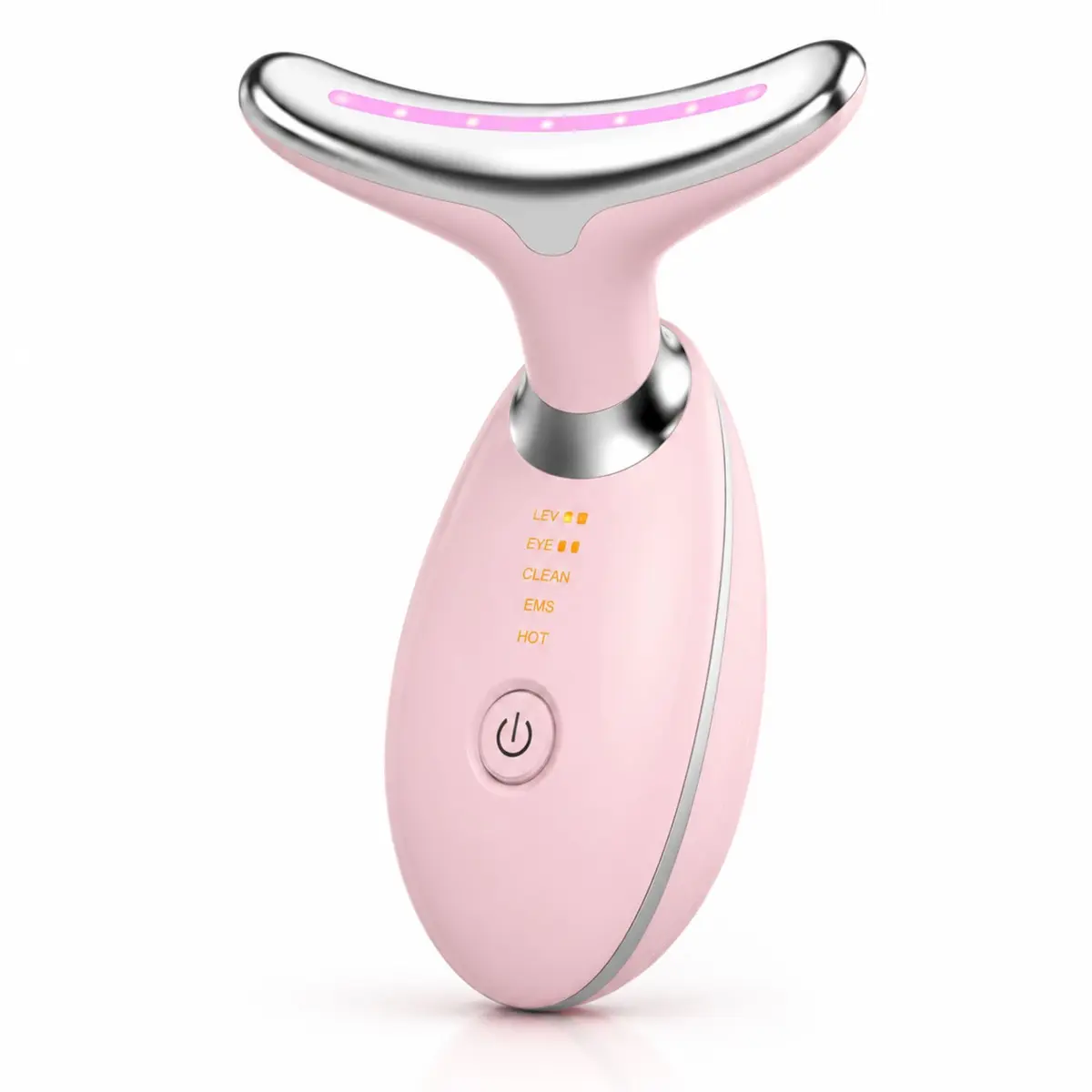 Massageador Facial LED 7 Cores - Modos, Aparelho Anti-Rugas para Rosto e Pescoço, Tratamento Estético Vibratório com Luz LED Para Elevação da Pele Lifting Bivolt Recarregável (Rosa)