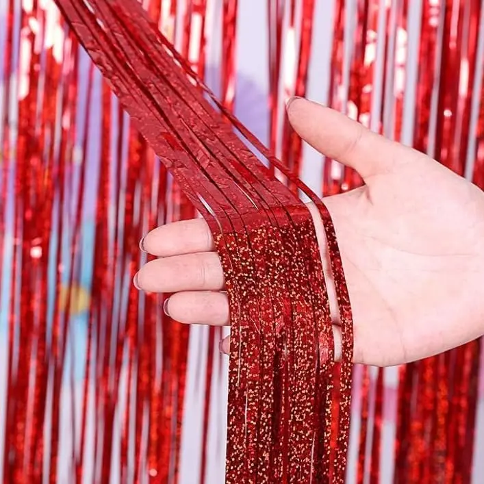 Kit 2pçs Cortina Metálica Holografica Decorativa 2x1 Metros (VERMELHO) | Decoração brilhante para festas, aniversários, casamentos e painéis fotográficos