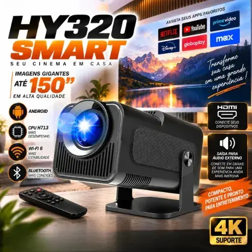 Projetor HY320 Smart TV CPU H713 WiFi 6 4K Android 2026 VLX Full HD 390 ANSI Bluetooth 5.0 180° Tela Grande 150 Polegadas HDMI USB Bivolt Cinema em Casa Filmes Séries Jogos Portátil Controle Remoto - 1