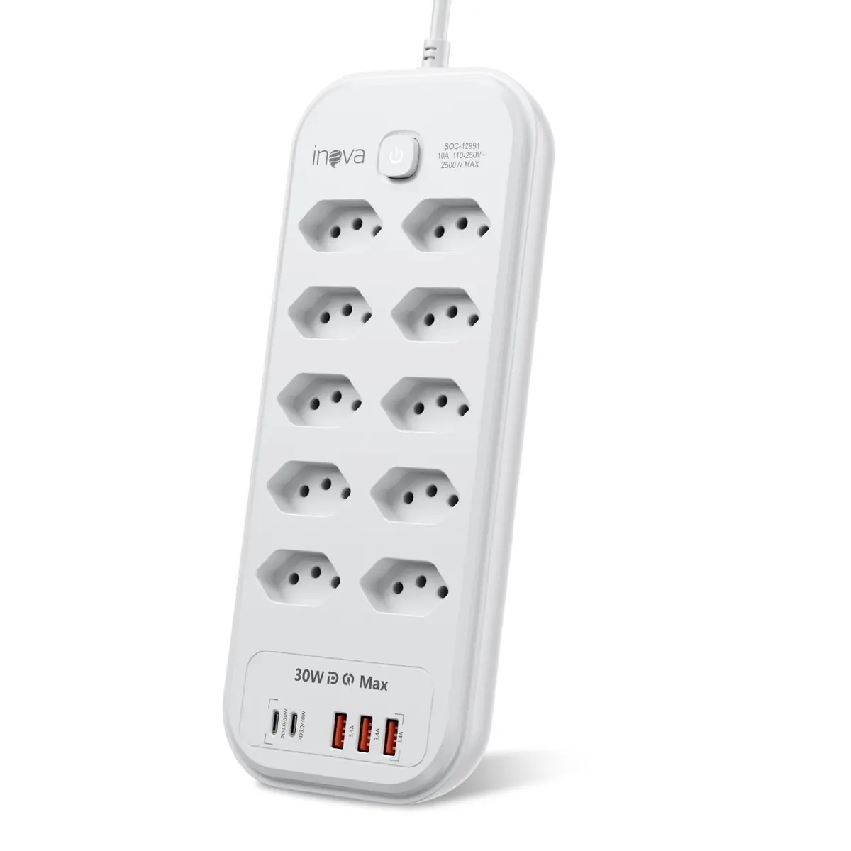 Extensão Tomada Régua de Energia, 10 Régua Tomada 10A, 3 Interfaces USB, 2 Porta USB Tipo-C, Cabo de Alimentação de 2 metros, Potência de 2500W Bivolt 110-250V Filtro de Linha (10 Tomadas)