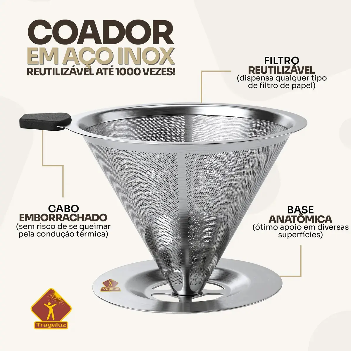 Coador De Café Inox 103 Com Filtro Permanente Reutilizável Aço Inox Premium Durável Fácil De Lavar thumbnail 3
