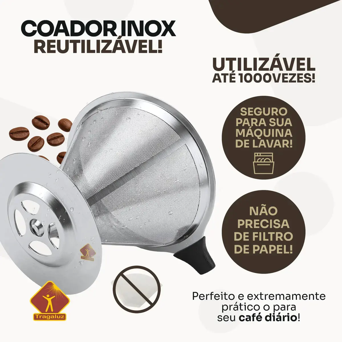 Coador De Café Inox 103 Com Filtro Permanente Reutilizável Aço Inox Premium Durável Fácil De Lavar thumbnail 5