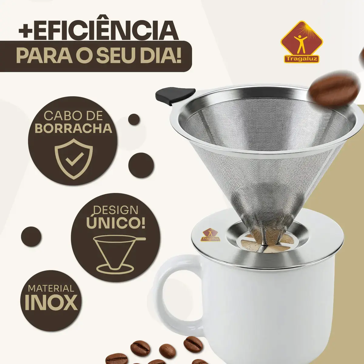 Coador De Café Inox 103 Com Filtro Permanente Reutilizável Aço Inox Premium Durável Fácil De Lavar thumbnail 6