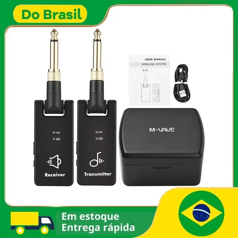 Sistema de Transmissão Sem Fio M-VAVE WP-8 para Guitarra Elétrica, Receptor e Transmissor com Bateria Interna e Caixa de Carregamento 3.5mm & 6.35mm