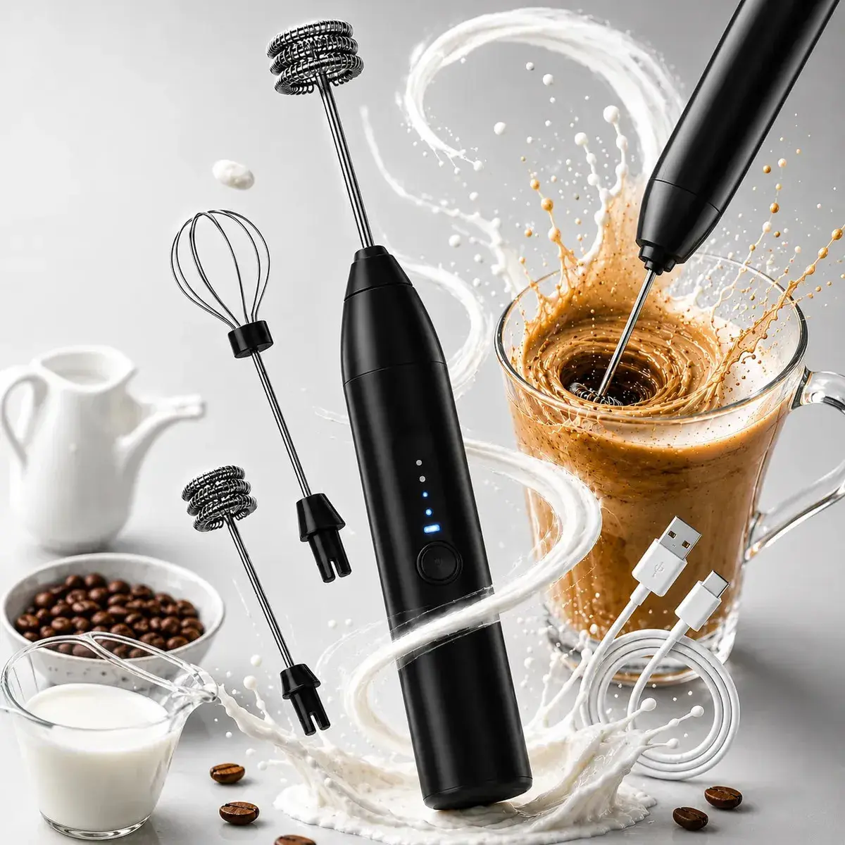 Mini Mixer Elétrico Misturador De Bebidas 2 Em 1 Portátil Fue Recarregável Mexedor De Ovos Whey Leite Café Espuma Shake Drinks Capuccino E Várias Bebidas Homeroarte Preto