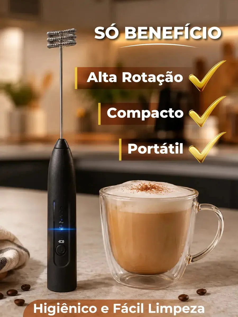 Mini Mixer Elétrico Misturador De Bebidas 2 Em 1 Portátil Fue Recarregável Mexedor De Ovos Whey Leite Café Espuma Shake Drinks Capuccino E Várias Bebidas Homeroarte Preto thumbnail 4