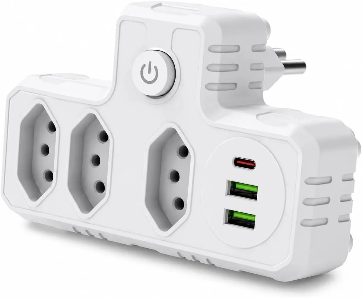 Adaptador de Tomadas 3 Saídas 2 USB 1 USB-C Bivolt 2500W | Interruptor On/Off, Bivolt, 2500W, USB-C Incluso, 3 Tomadas