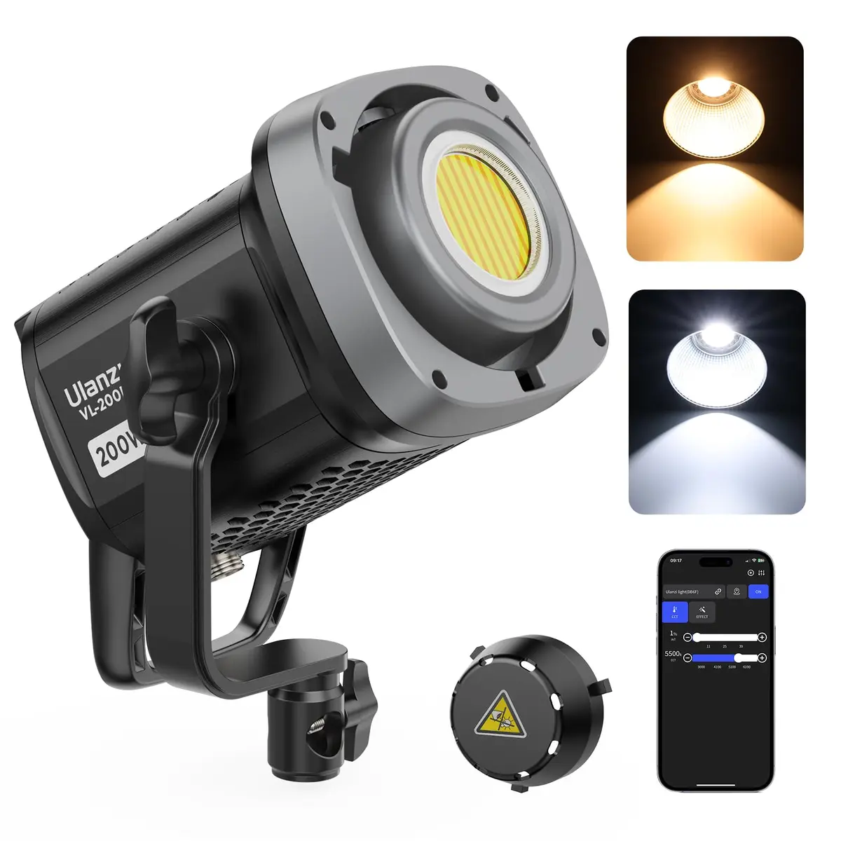 ULANZI VL-200Bi 200W luz de estúdio bicolor, luz de preenchimento COB, iluminação de saída contínua com controle de APP, 2700K-6500K, 6 cenas, montagem Bowens