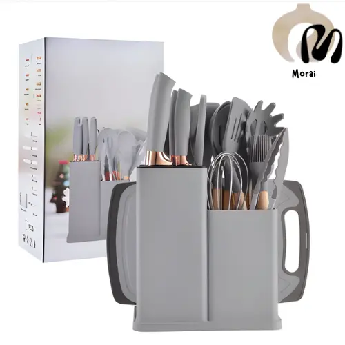 Kit Utensílios de Cozinha 12/19 Peças • Silicone com Cabo de Madeira • Completo e Resistente