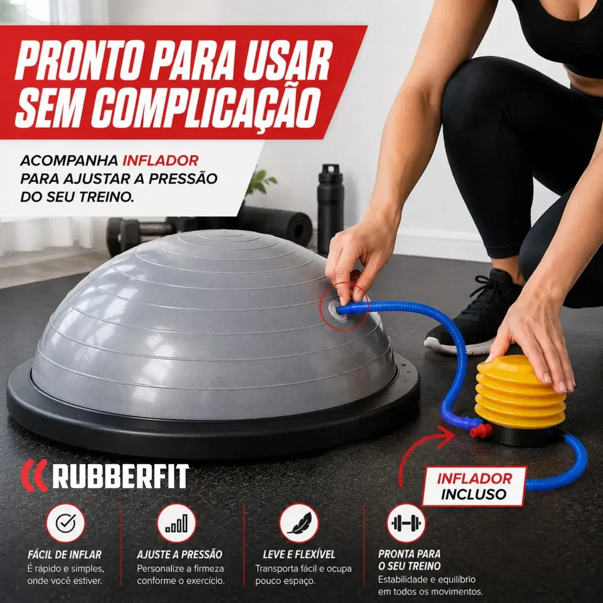 Meia Bola Suiça Bosu Balance Dome Ball Pilates Yoga Inflador Cor Cinza thumbnail 3